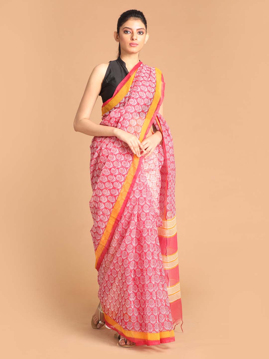 Indethnic Printed Super Net Saree in Maroon - View 1