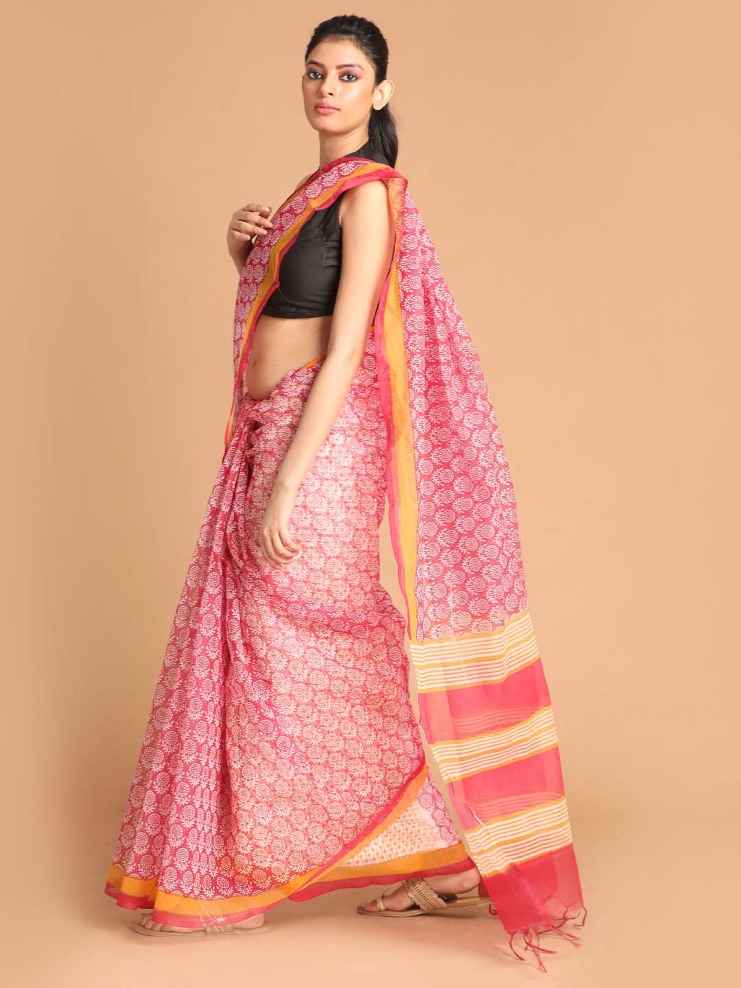 Indethnic Printed Super Net Saree in Maroon - View 2