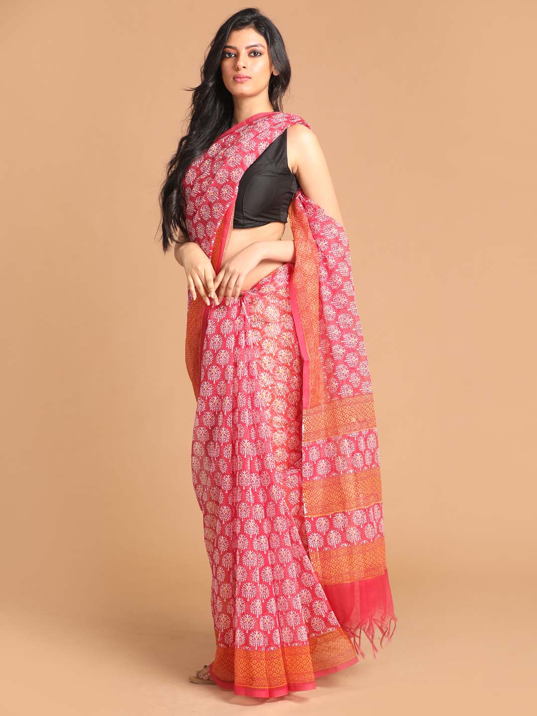 Indethnic Printed Super Net Saree in Maroon - View 1