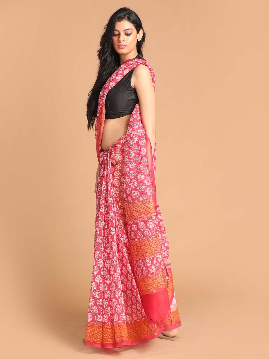 Indethnic Printed Super Net Saree in Maroon - View 2