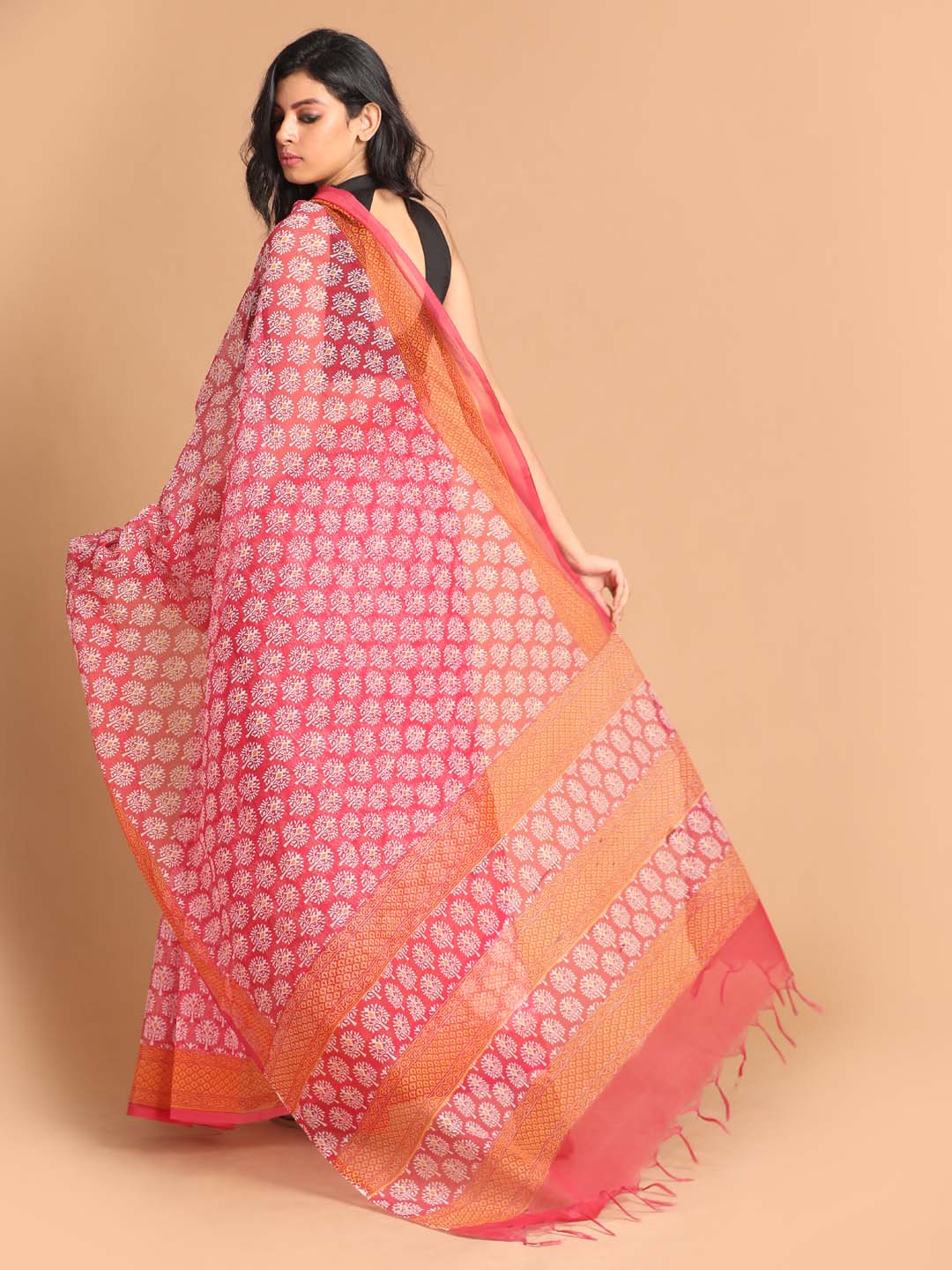 Indethnic Printed Super Net Saree in Maroon - View 3