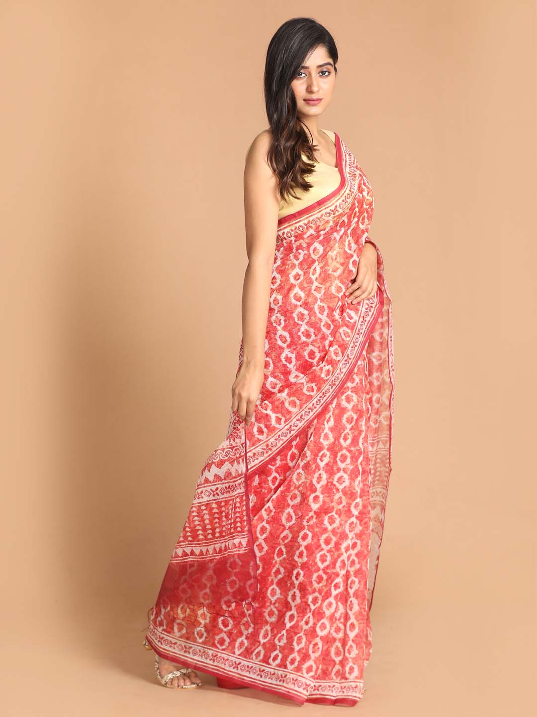 Indethnic Printed Super Net Saree in Maroon - View 2