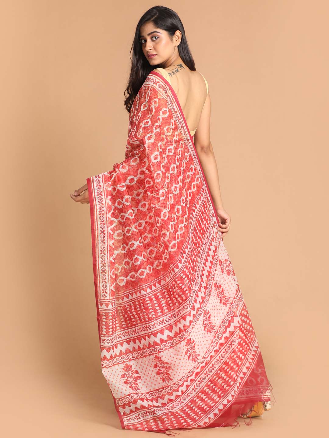 Indethnic Printed Super Net Saree in Maroon - View 3