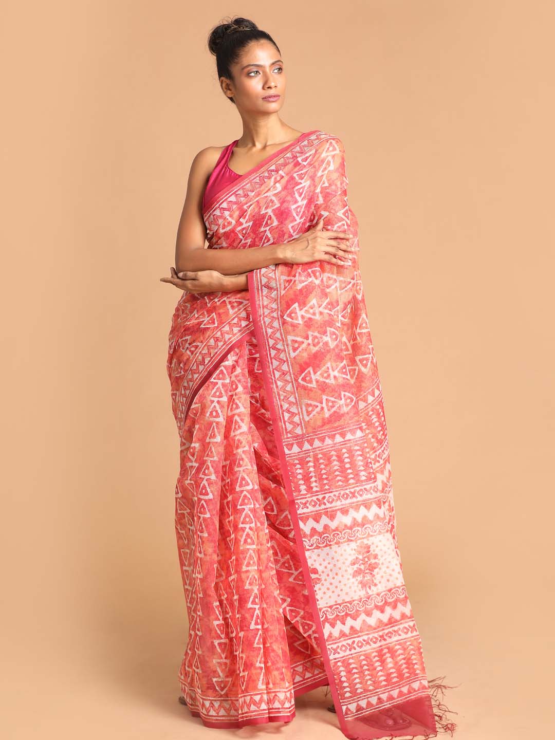 Indethnic Printed Super Net Saree in Maroon - View 1