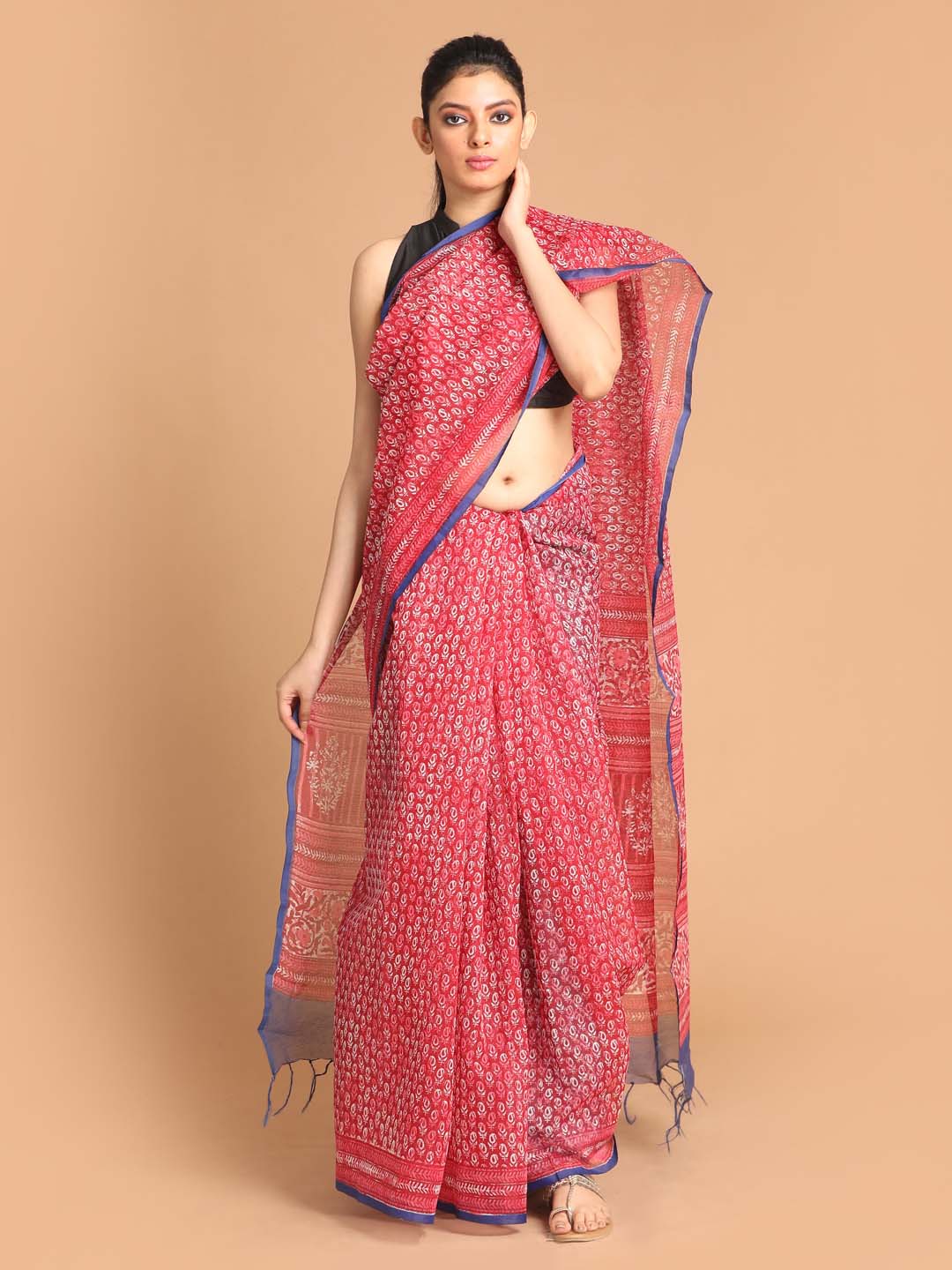 Indethnic Printed Super Net Saree in Maroon - View 1