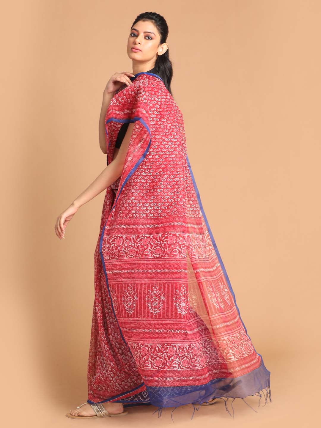 Indethnic Printed Super Net Saree in Maroon - View 2