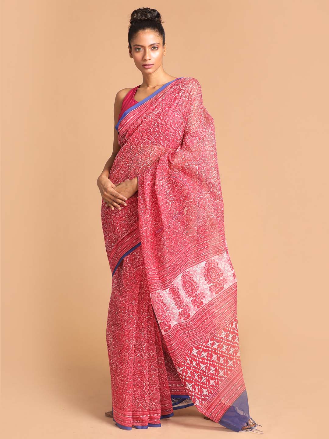 Indethnic Printed Super Net Saree in Maroon - View 1