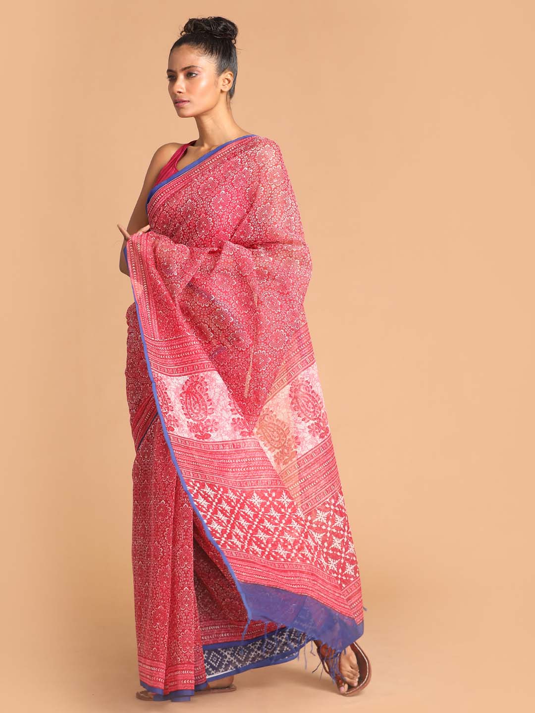 Indethnic Printed Super Net Saree in Maroon - View 2