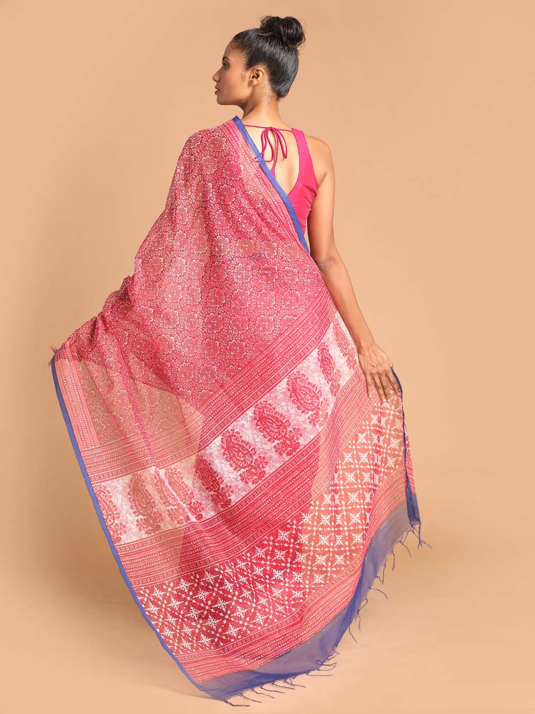 Indethnic Printed Super Net Saree in Maroon - View 3