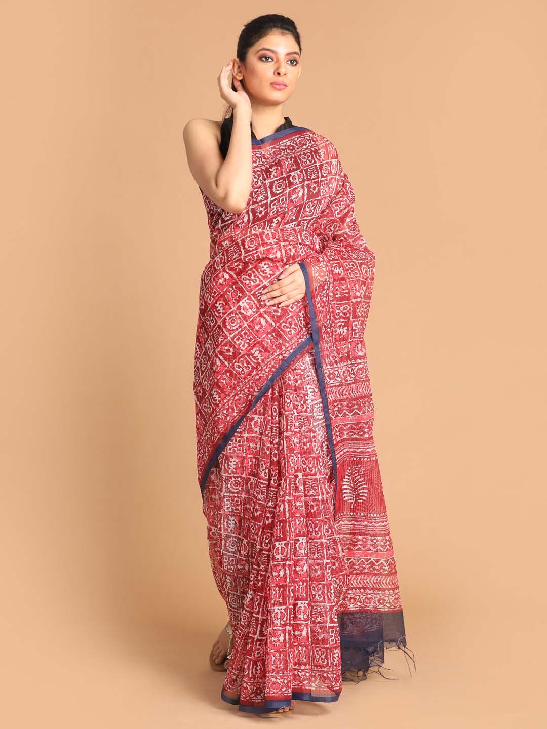 Indethnic Printed Super Net Saree in Maroon - View 1