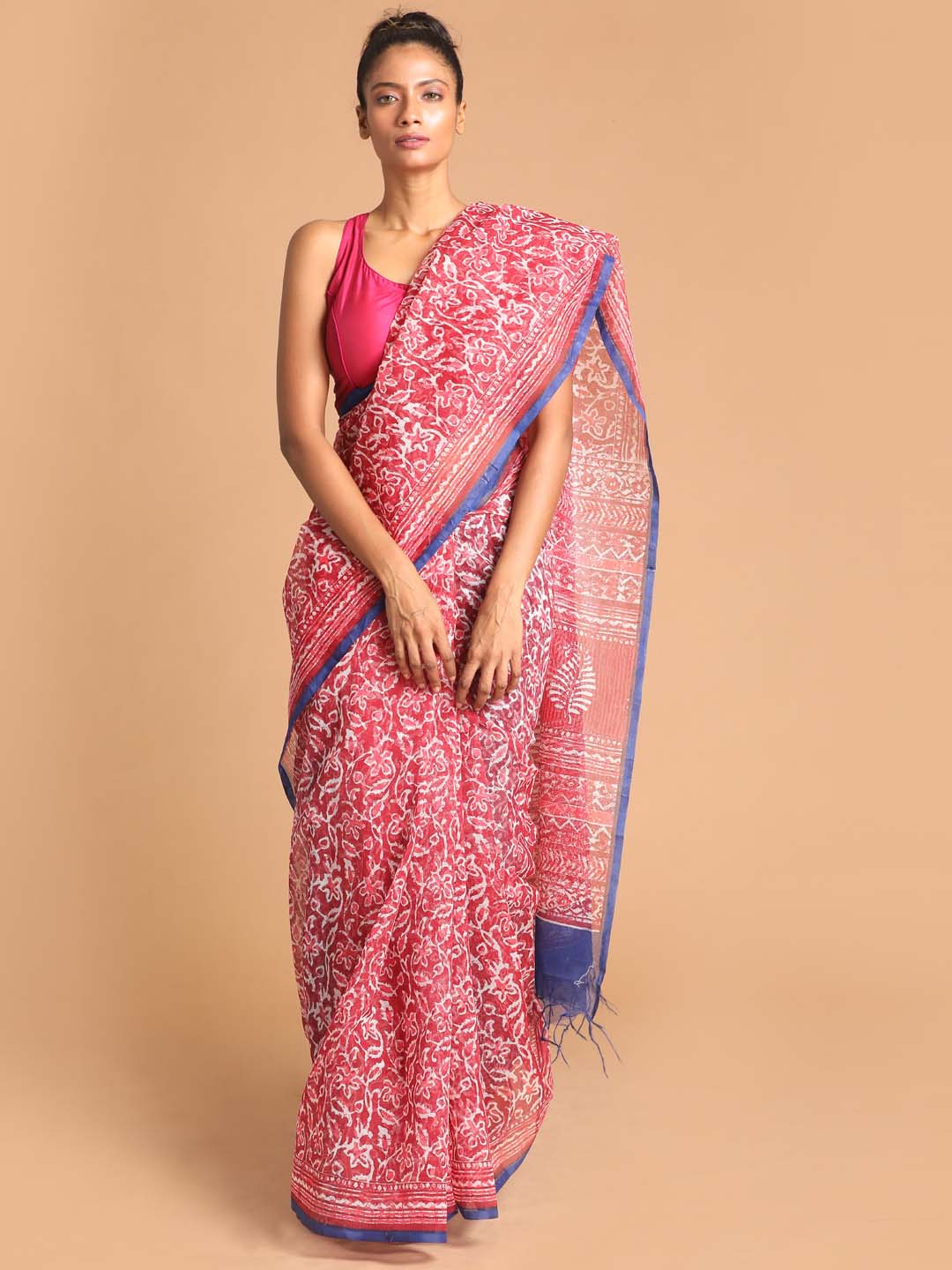 Indethnic Printed Super Net Saree in Maroon - View 1