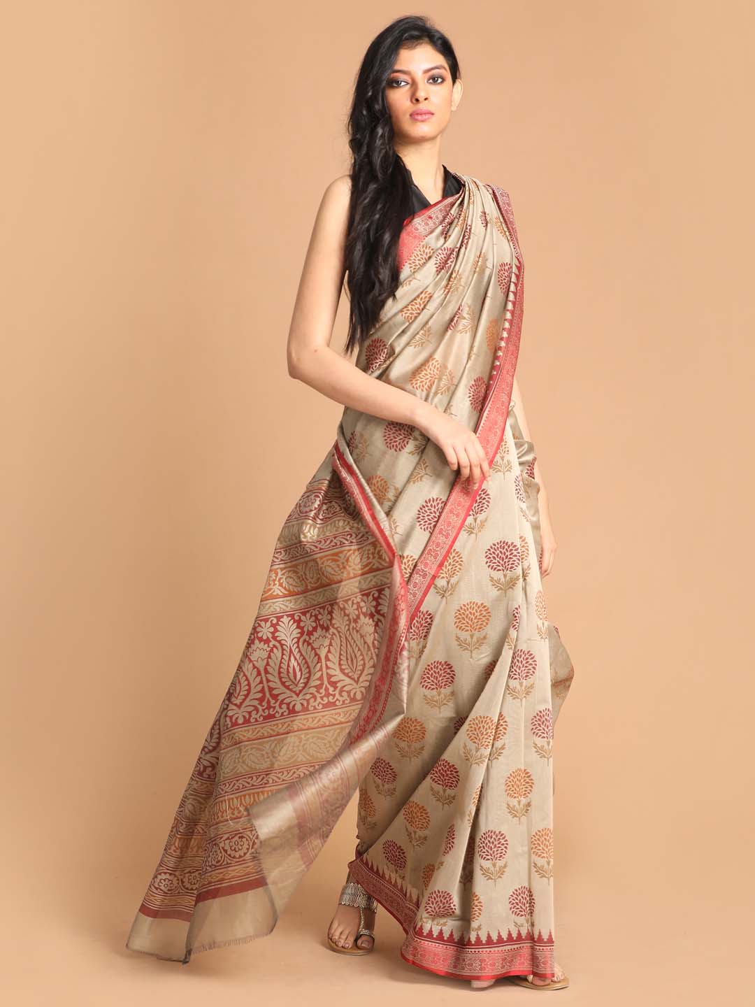 Indethnic Printed Cotton Blend Saree in Maroon - View 1