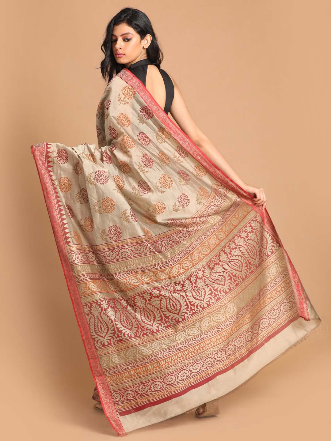 Indethnic Printed Cotton Blend Saree in Maroon - View 3