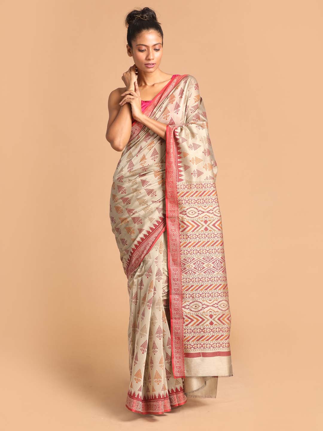 Indethnic Printed Cotton Blend Saree in Maroon - View 1