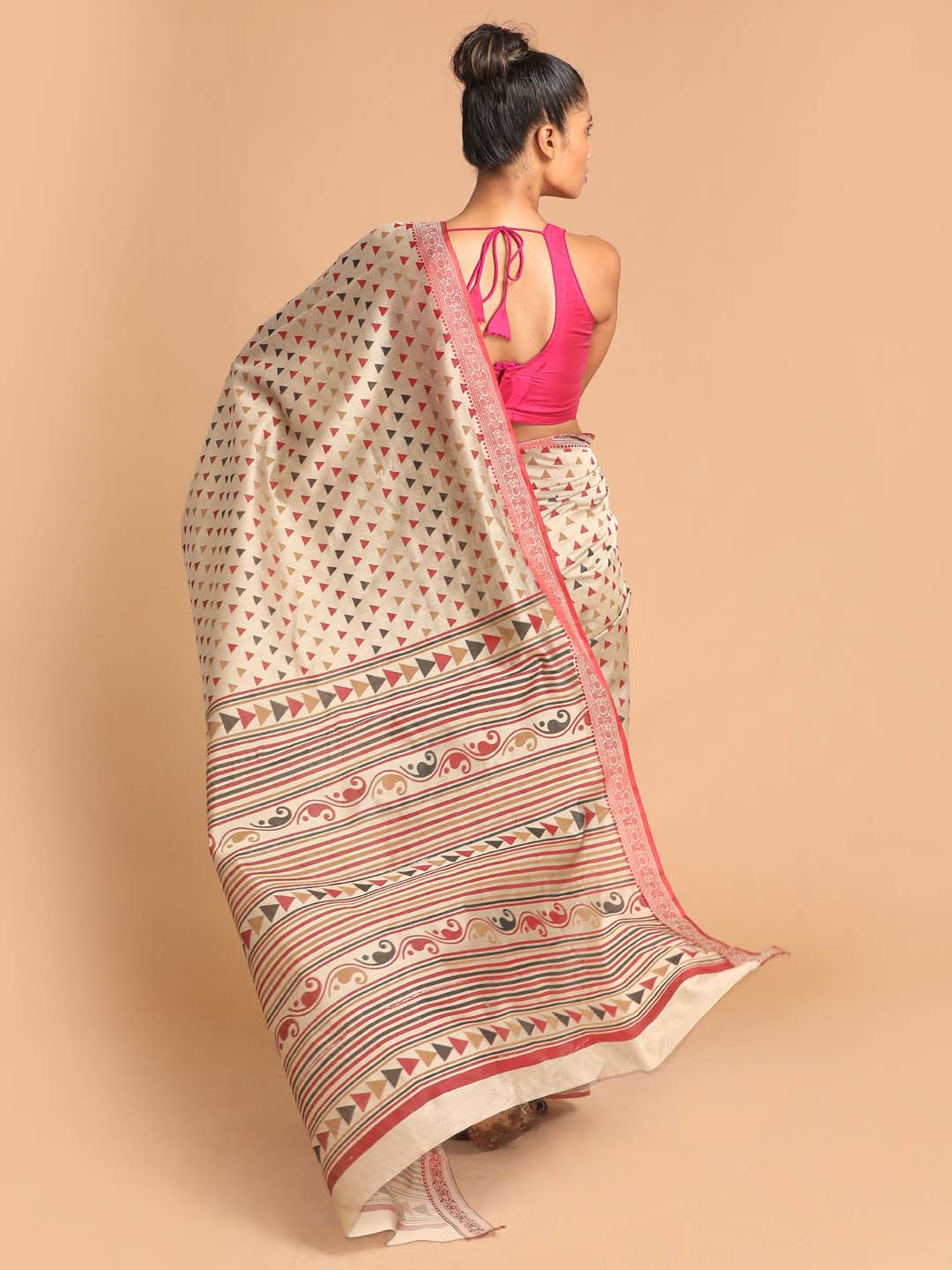 Indethnic Printed Cotton Blend Saree in Maroon - View 3