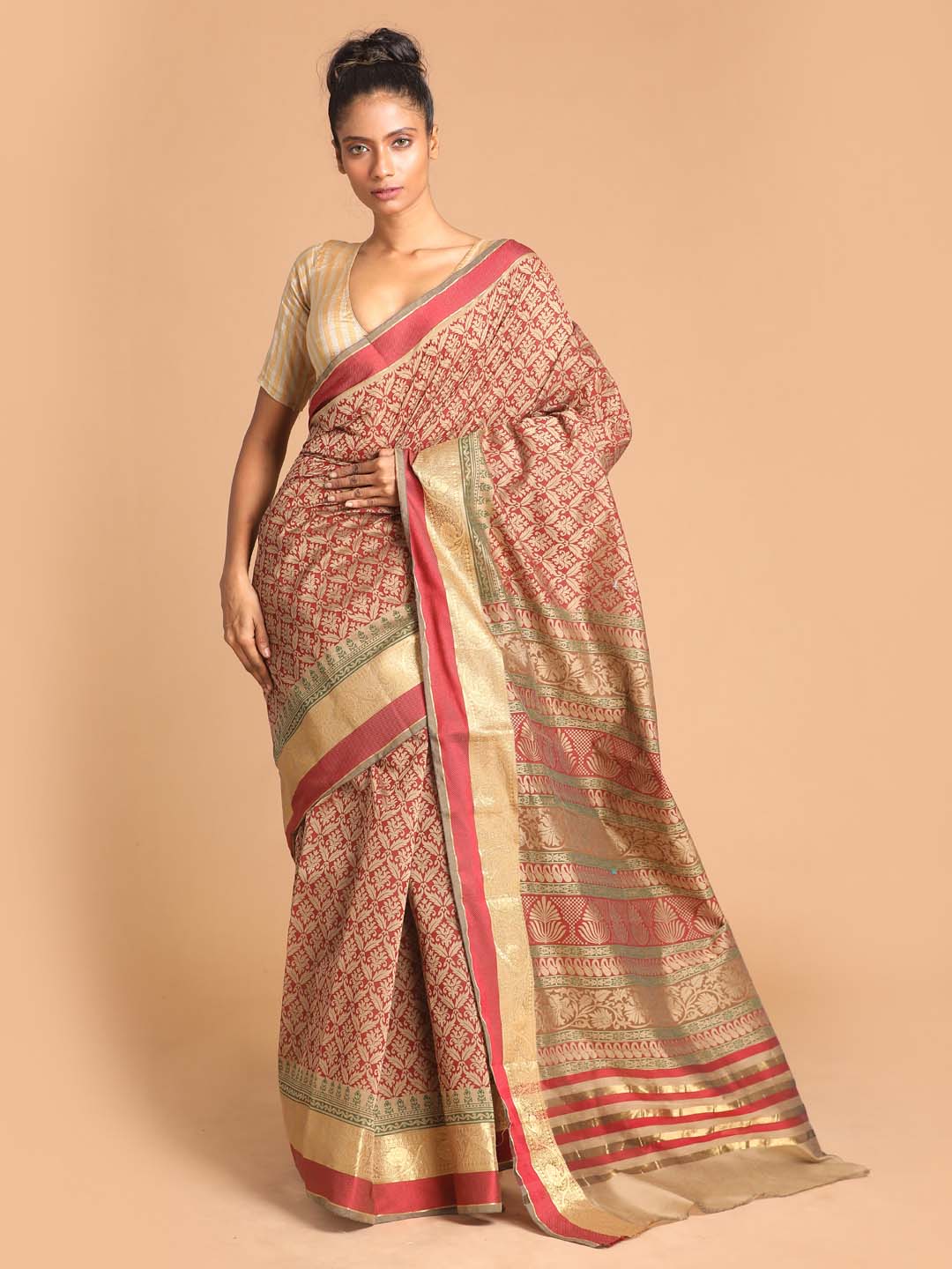 Indethnic Printed Cotton Blend Saree in Maroon - View 1