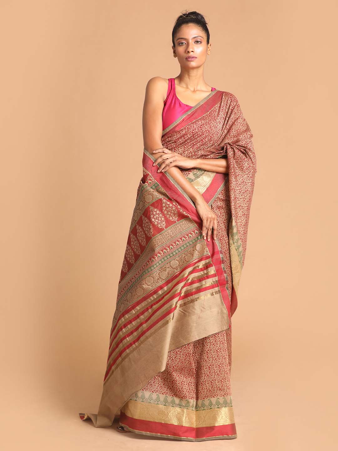 Indethnic Printed Cotton Blend Saree in Maroon - View 1