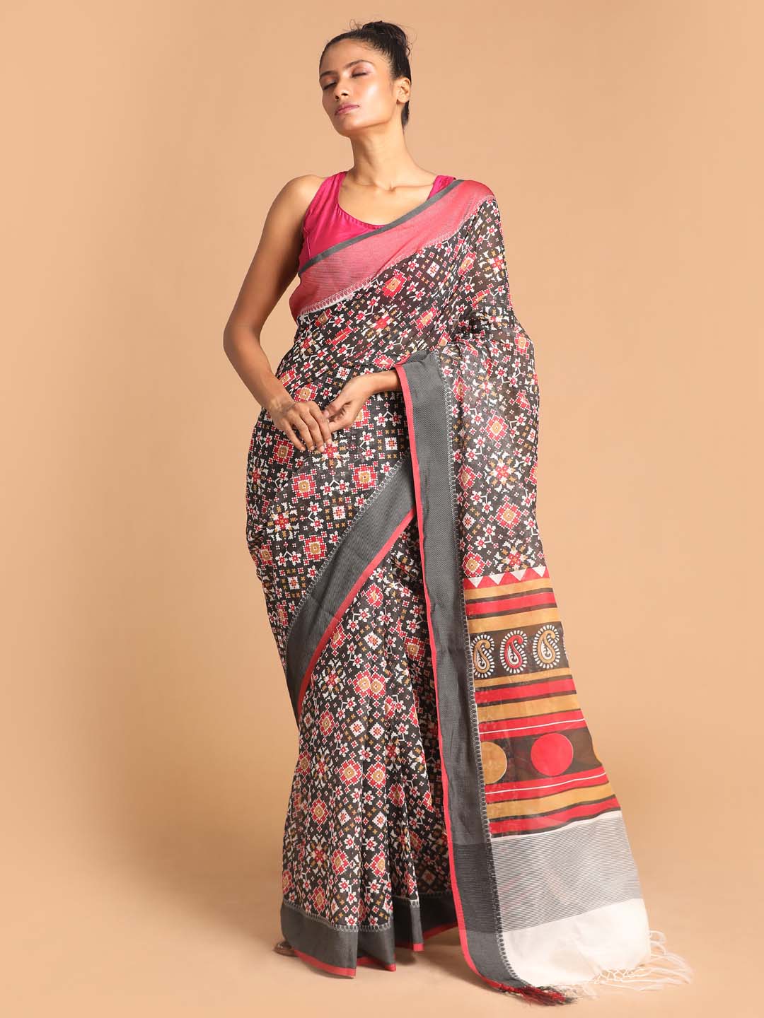 Indethnic Printed Cotton Blend Saree in Maroon - View 1