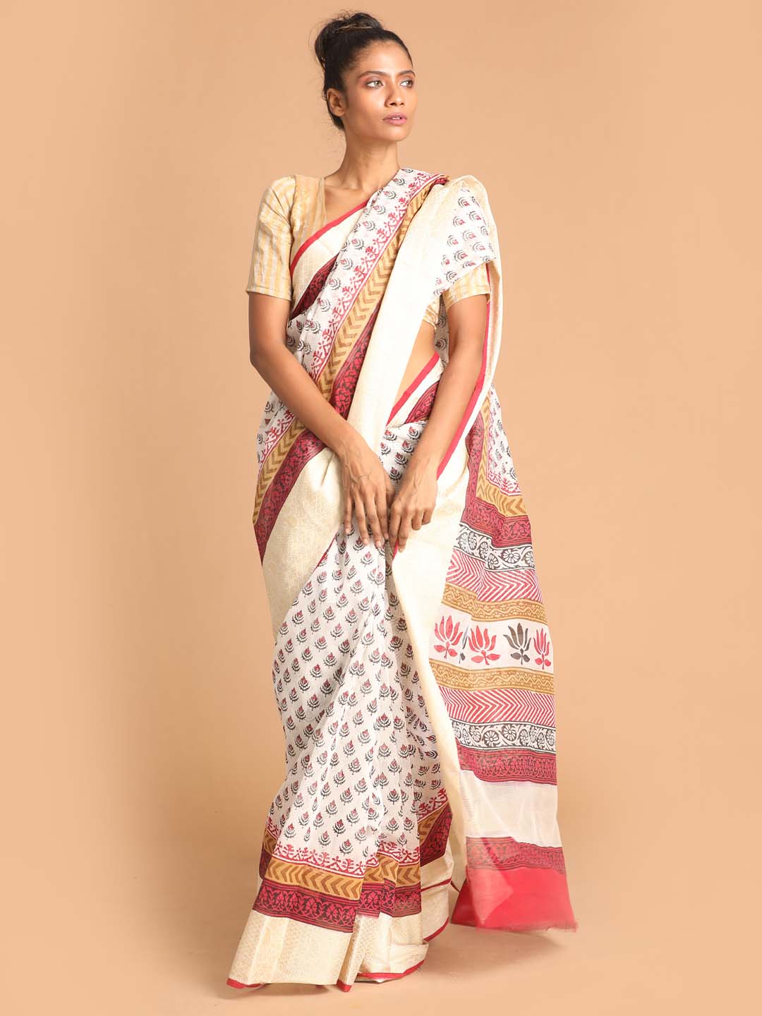 Indethnic Printed Cotton Blend Saree in Maroon - View 1