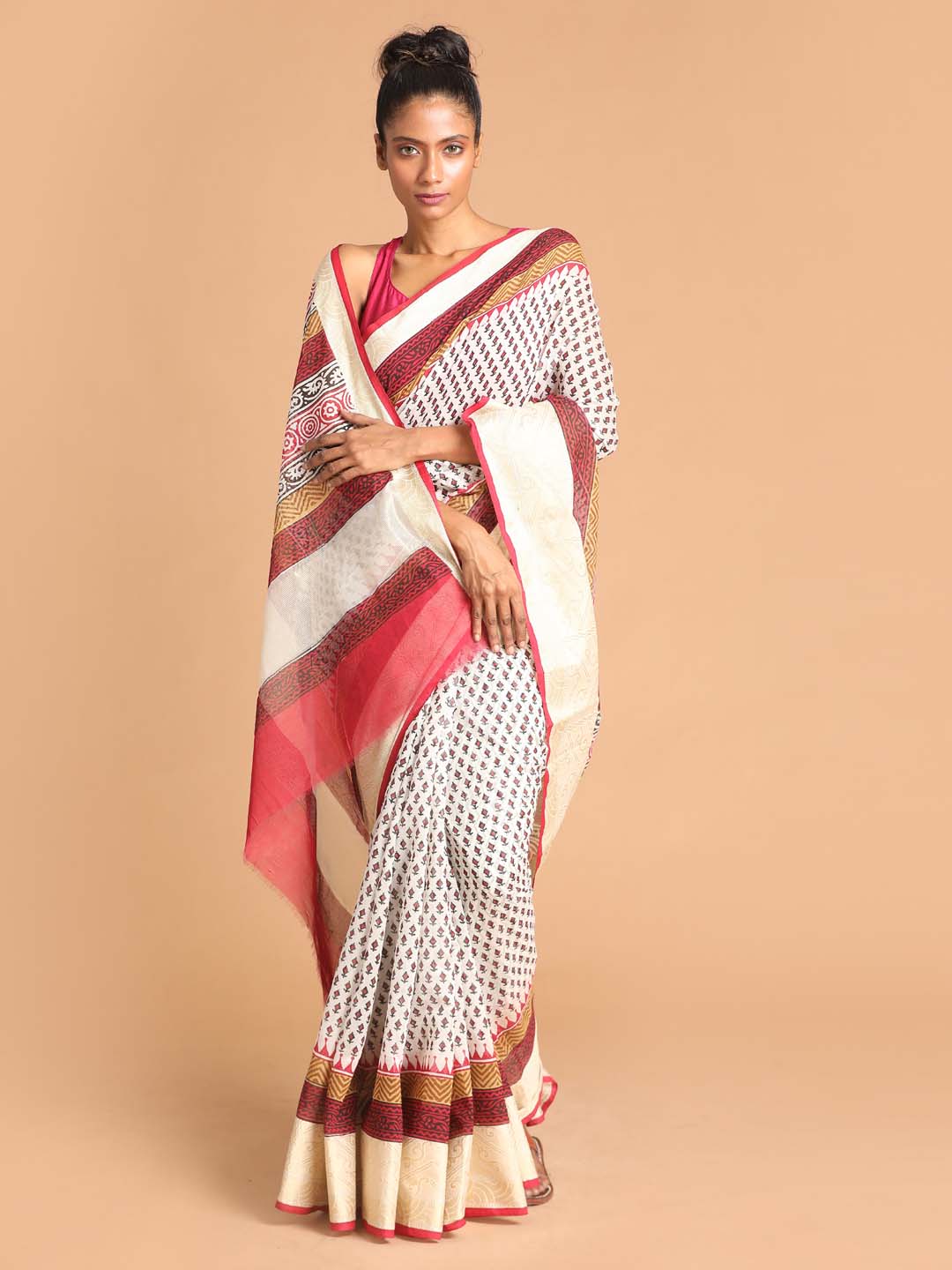 Indethnic Printed Cotton Blend Saree in Maroon - View 1