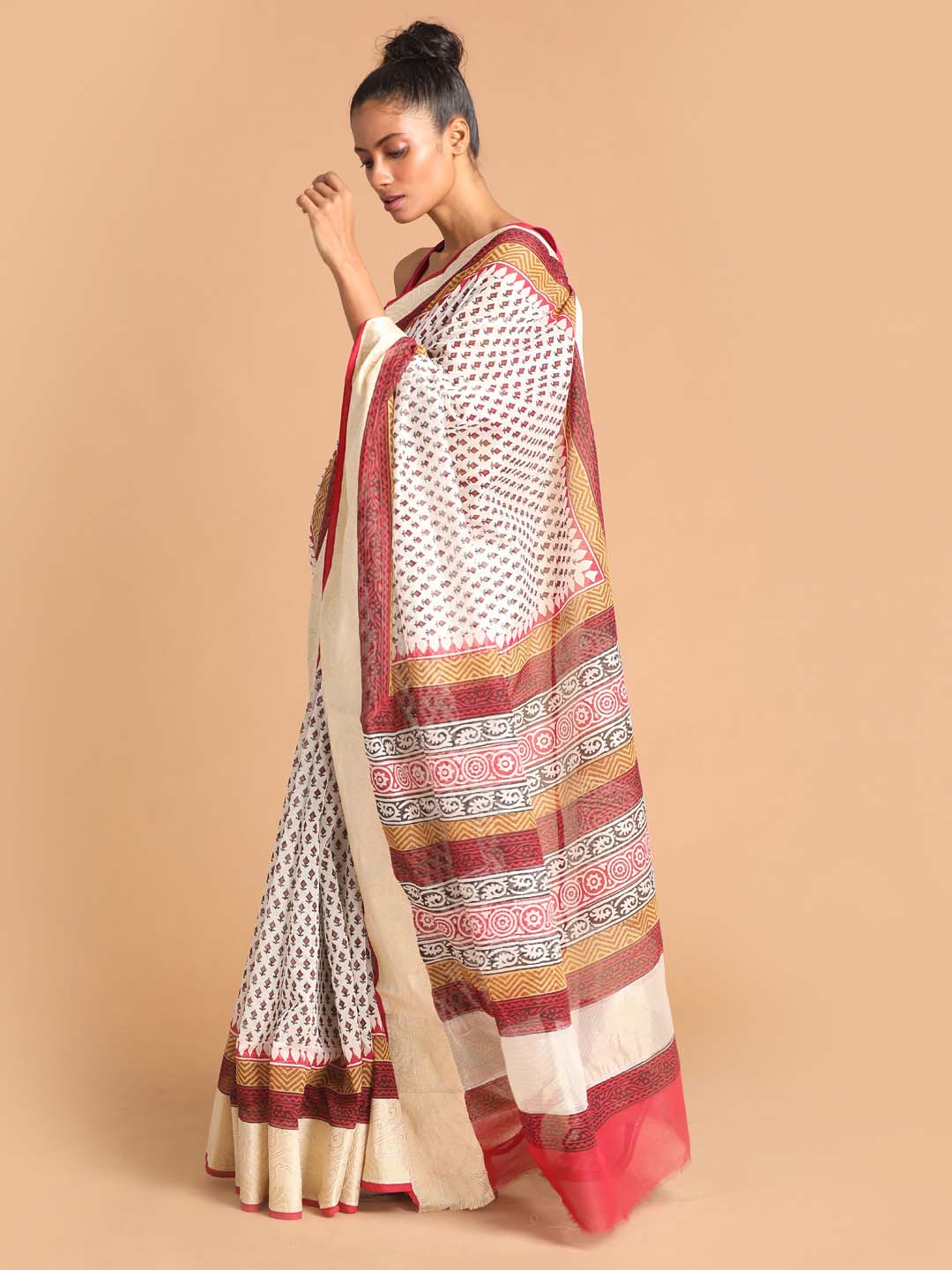 Indethnic Printed Cotton Blend Saree in Maroon - View 2