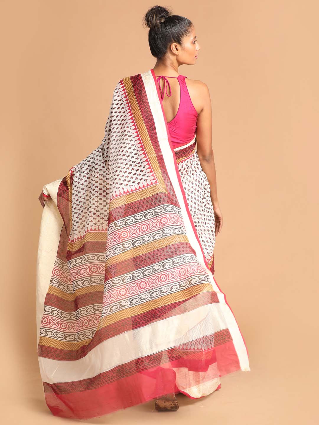Indethnic Printed Cotton Blend Saree in Maroon - View 3