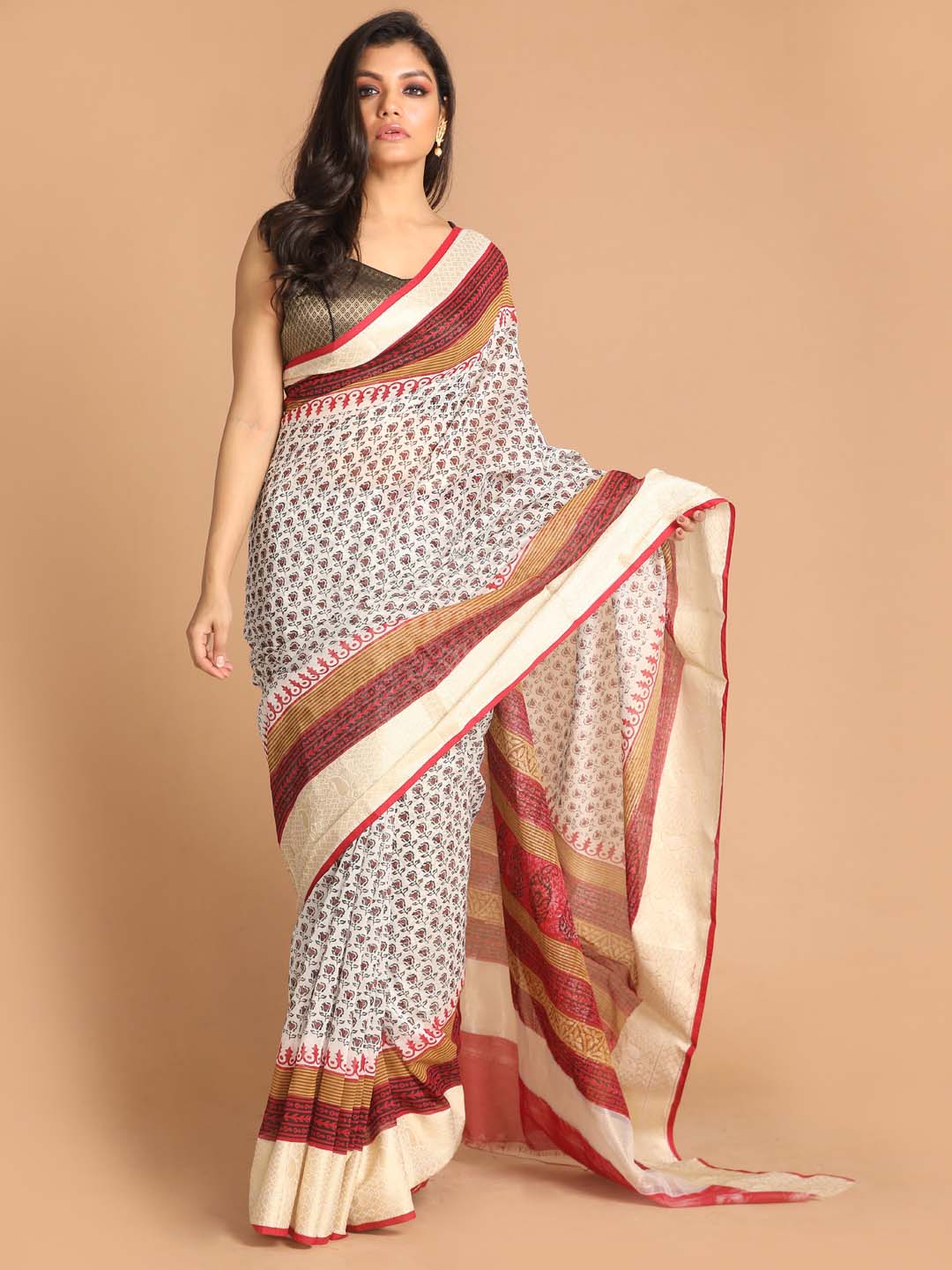 Indethnic Printed Cotton Blend Saree in Maroon - View 1