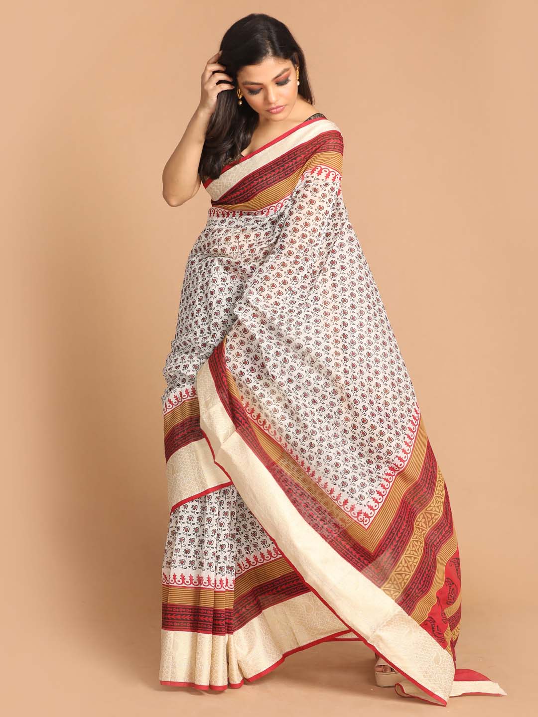 Indethnic Printed Cotton Blend Saree in Maroon - View 2