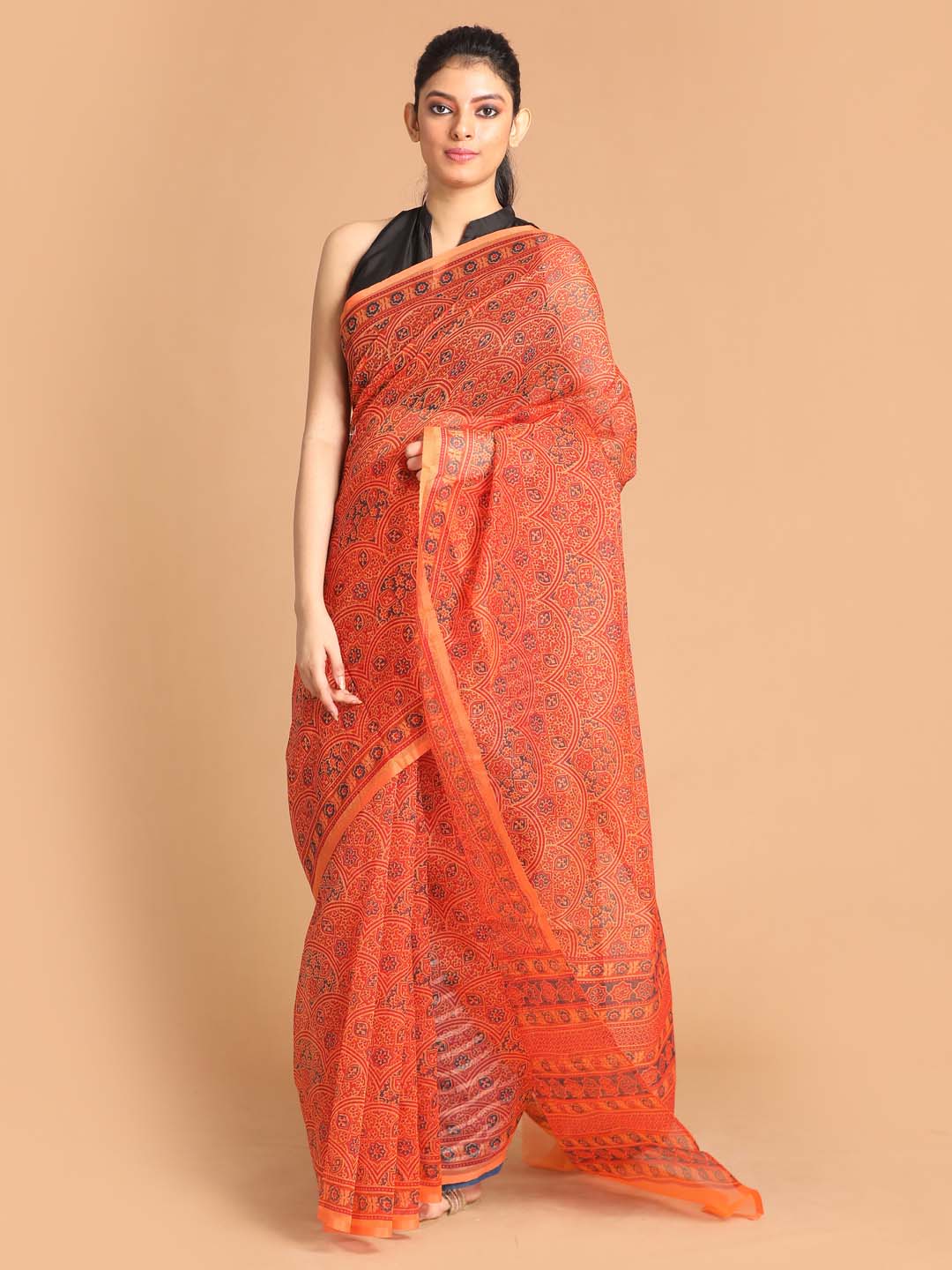 Indethnic Printed Super Net Saree in Mustard - View 1