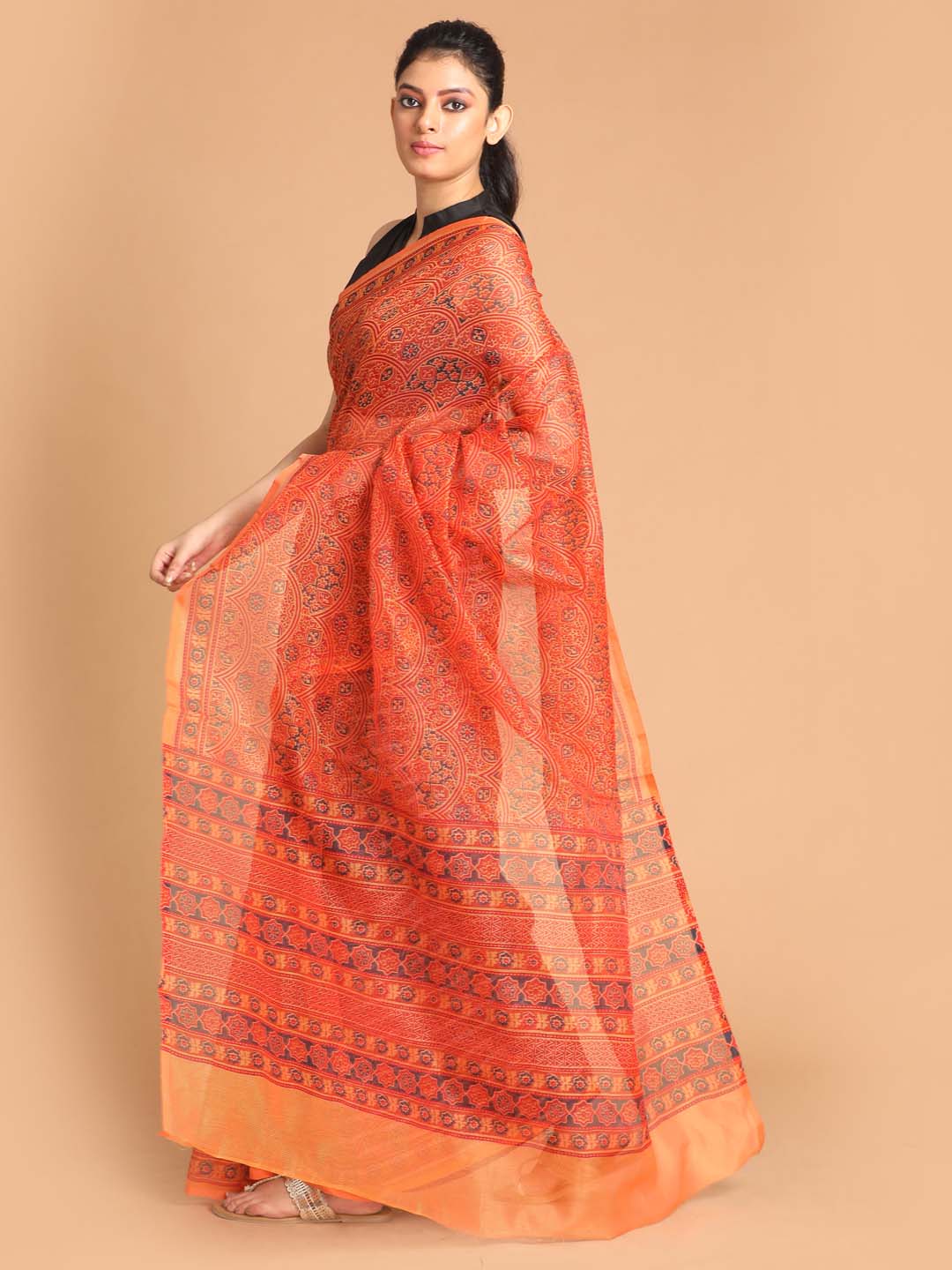 Indethnic Printed Super Net Saree in Mustard - View 2