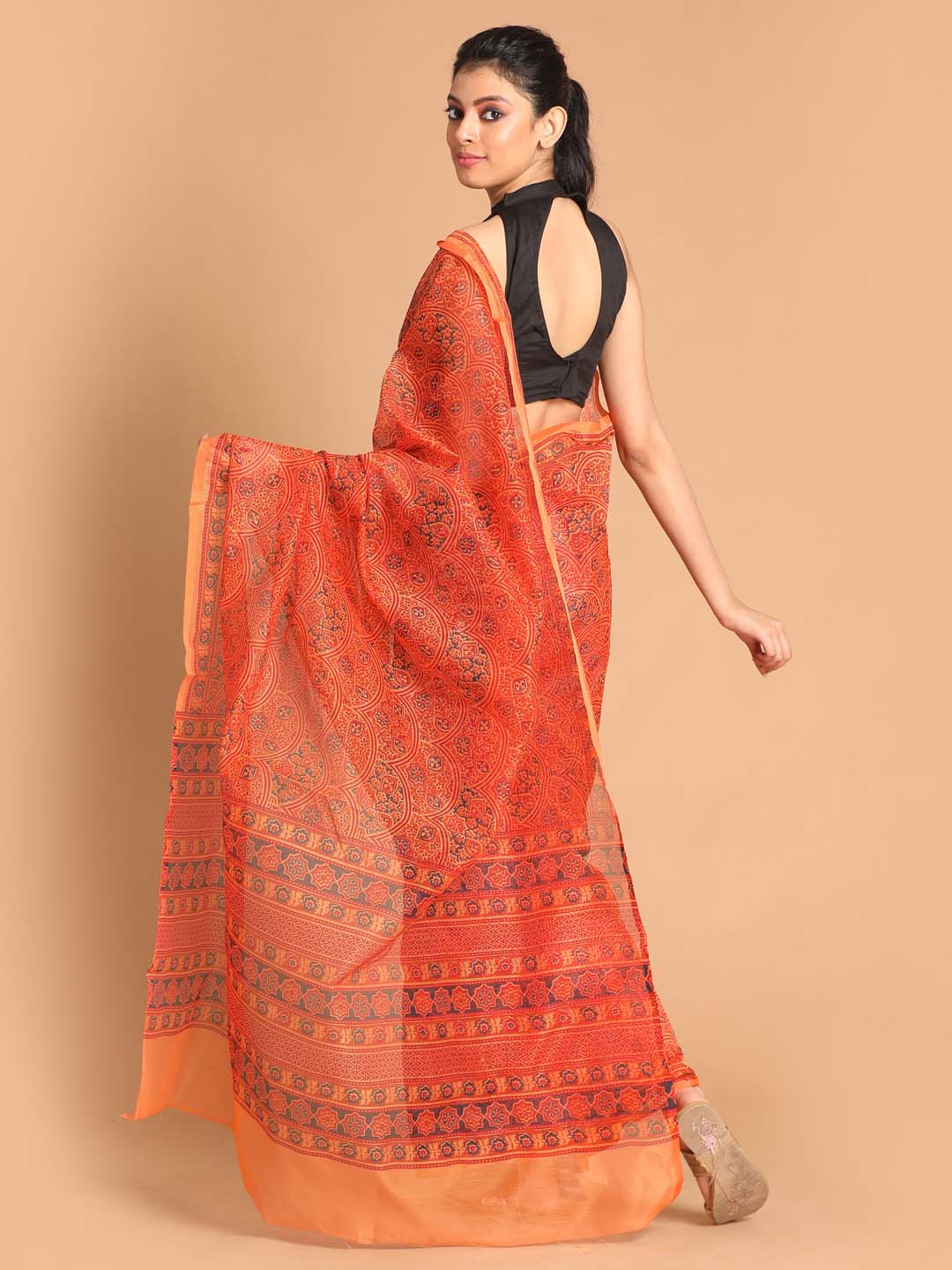 Indethnic Printed Super Net Saree in Mustard - View 3