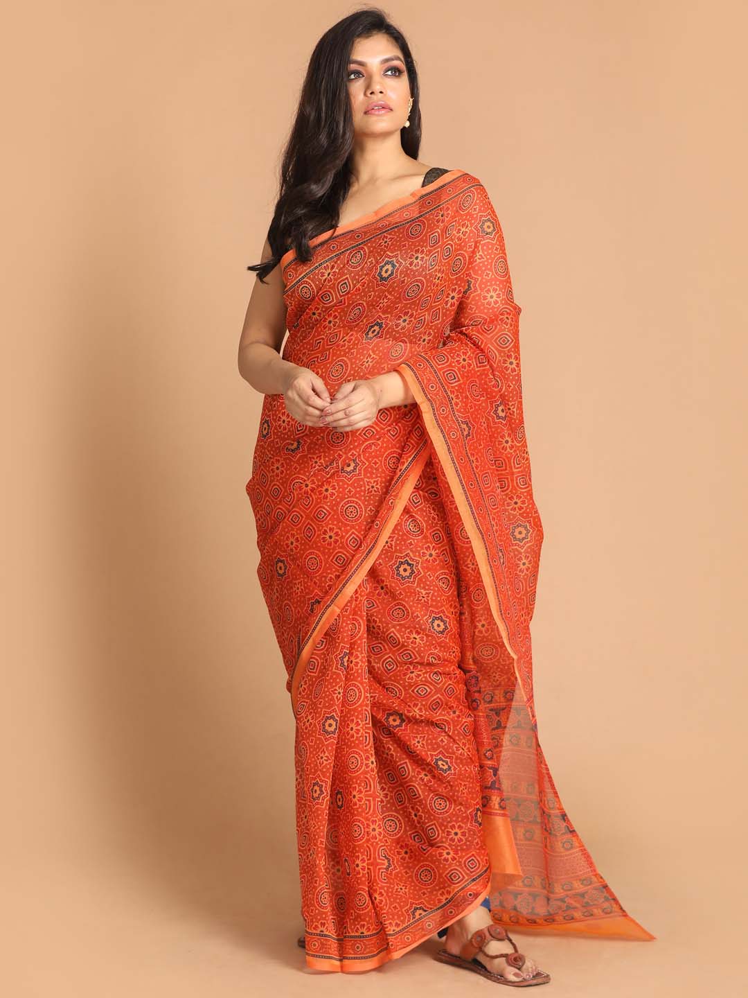 Indethnic Printed Super Net Saree in Mustard - View 1