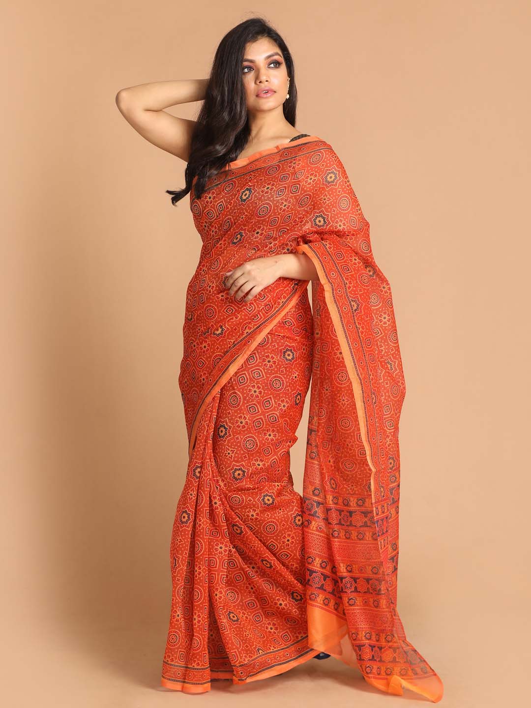 Indethnic Printed Super Net Saree in Mustard - View 2