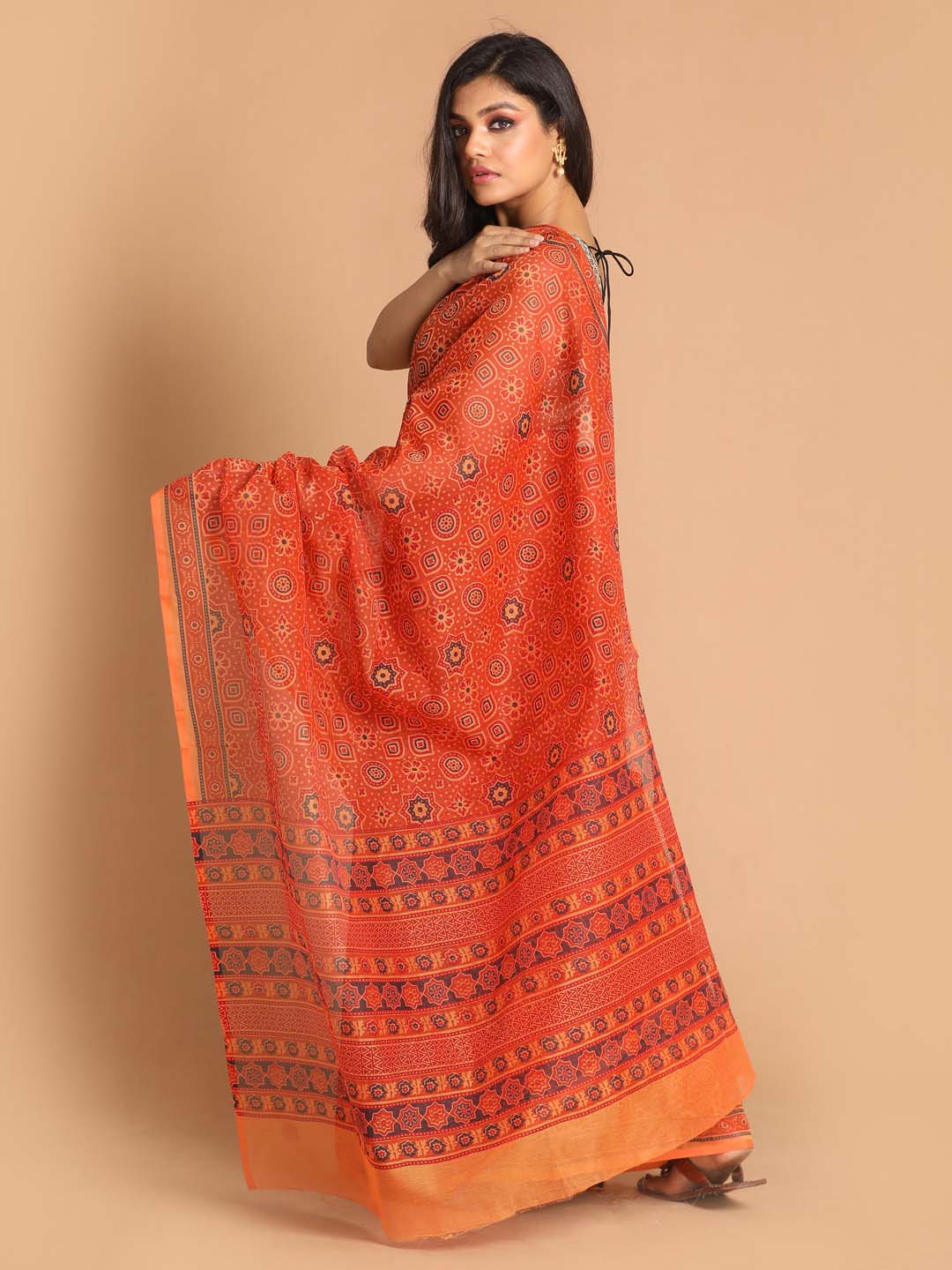 Indethnic Printed Super Net Saree in Mustard - View 3