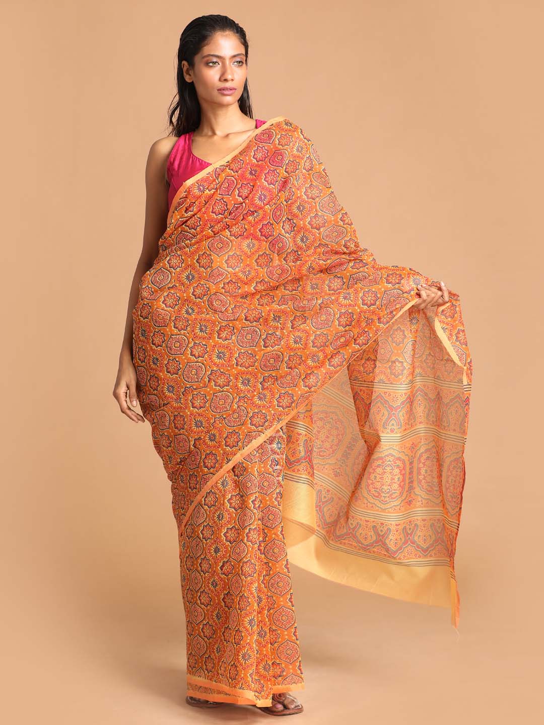 Indethnic Printed Cotton Blend Saree in Mustard - View 1