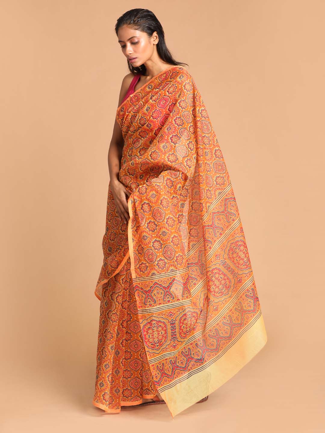 Indethnic Printed Cotton Blend Saree in Mustard - View 2