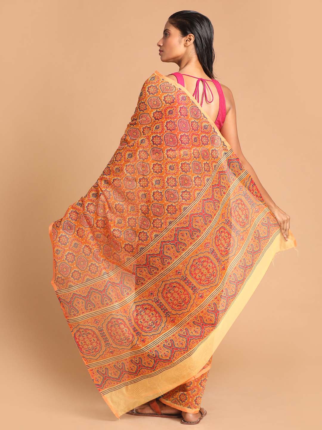 Indethnic Printed Cotton Blend Saree in Mustard - View 3