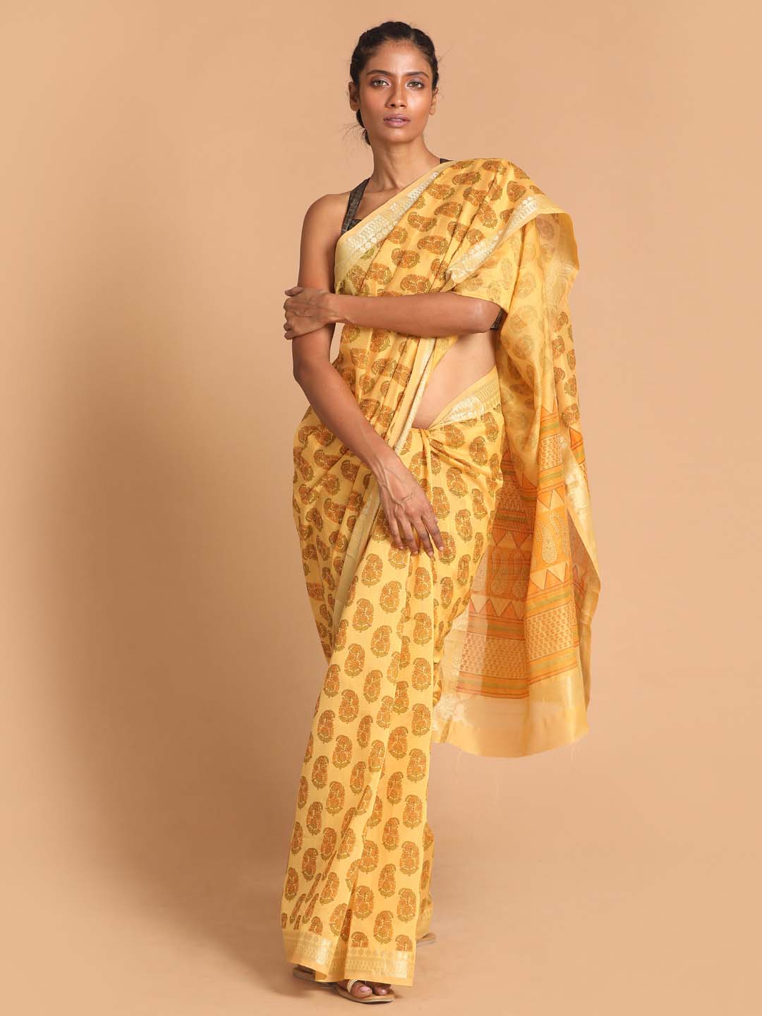 Indethnic Printed Cotton Blend Saree in Mustard - View 1