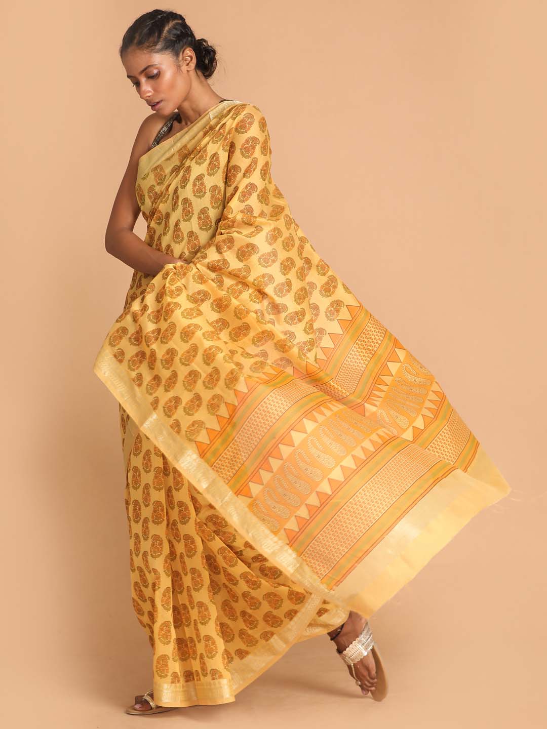 Indethnic Printed Cotton Blend Saree in Mustard - View 2
