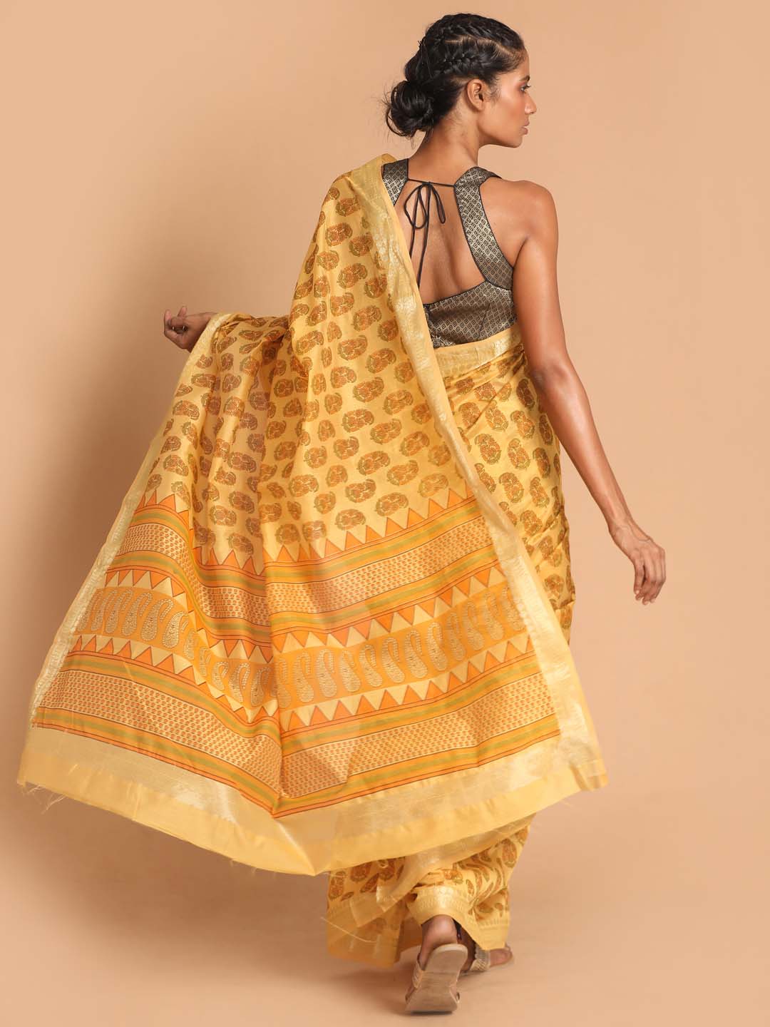 Indethnic Printed Cotton Blend Saree in Mustard - View 3