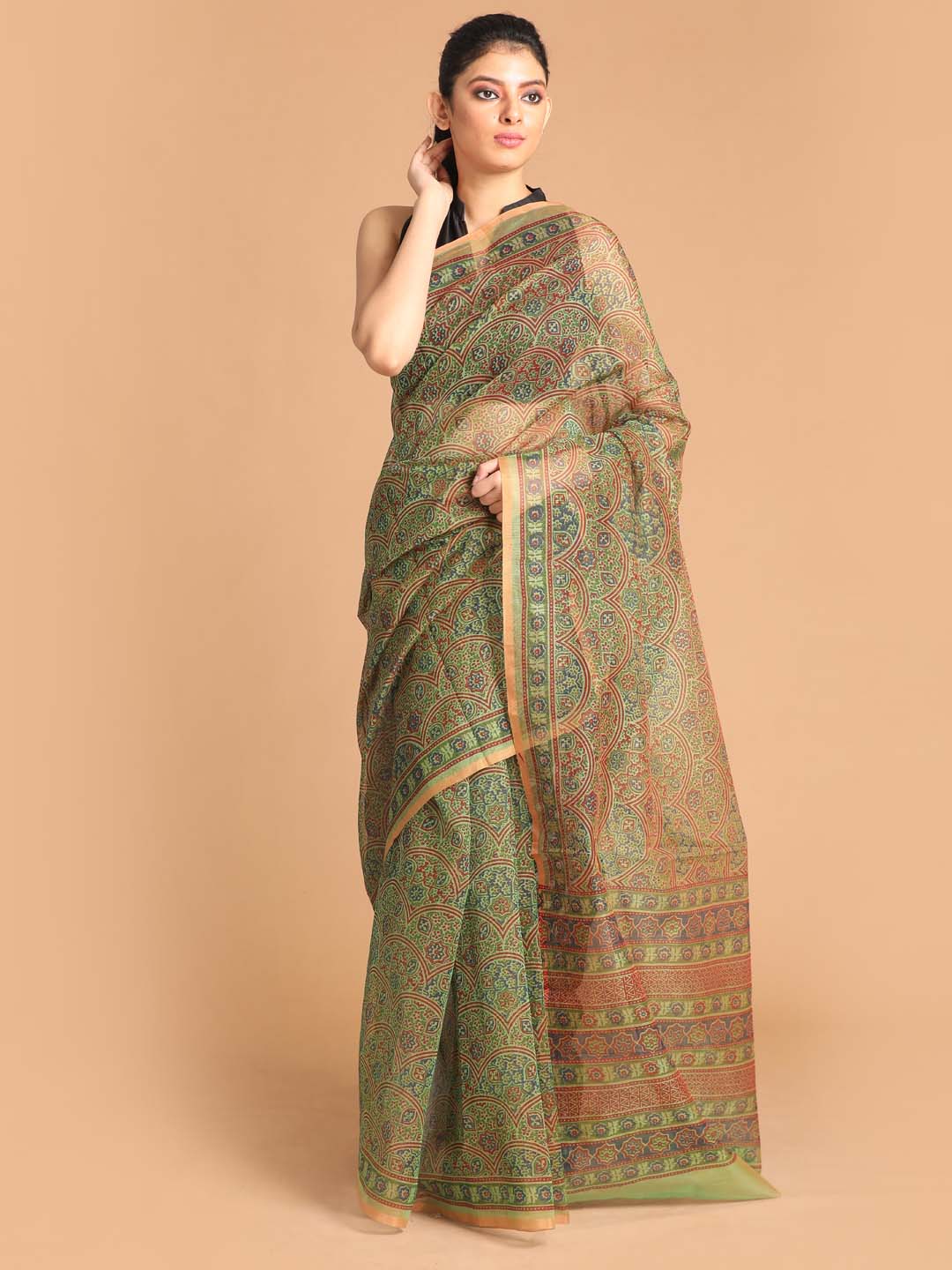 Indethnic Printed Super Net Saree in Olive - View 1