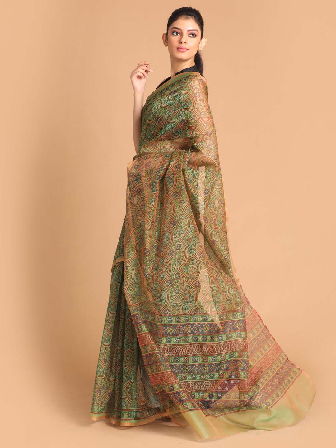 Indethnic Printed Super Net Saree in Olive - View 2