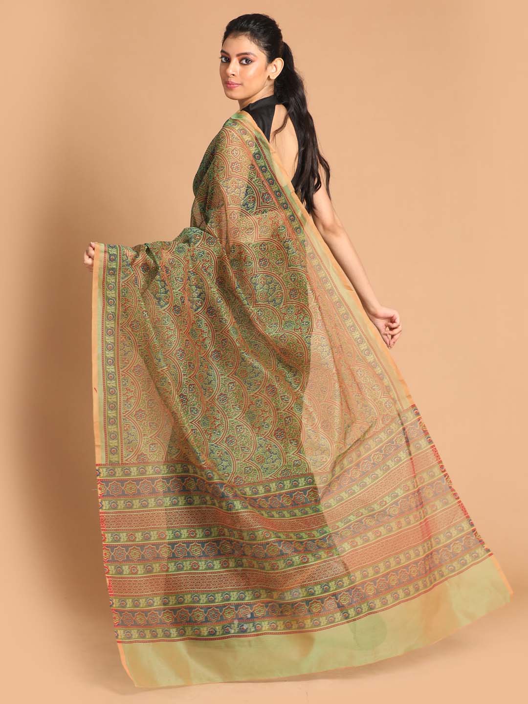 Indethnic Printed Super Net Saree in Olive - View 3
