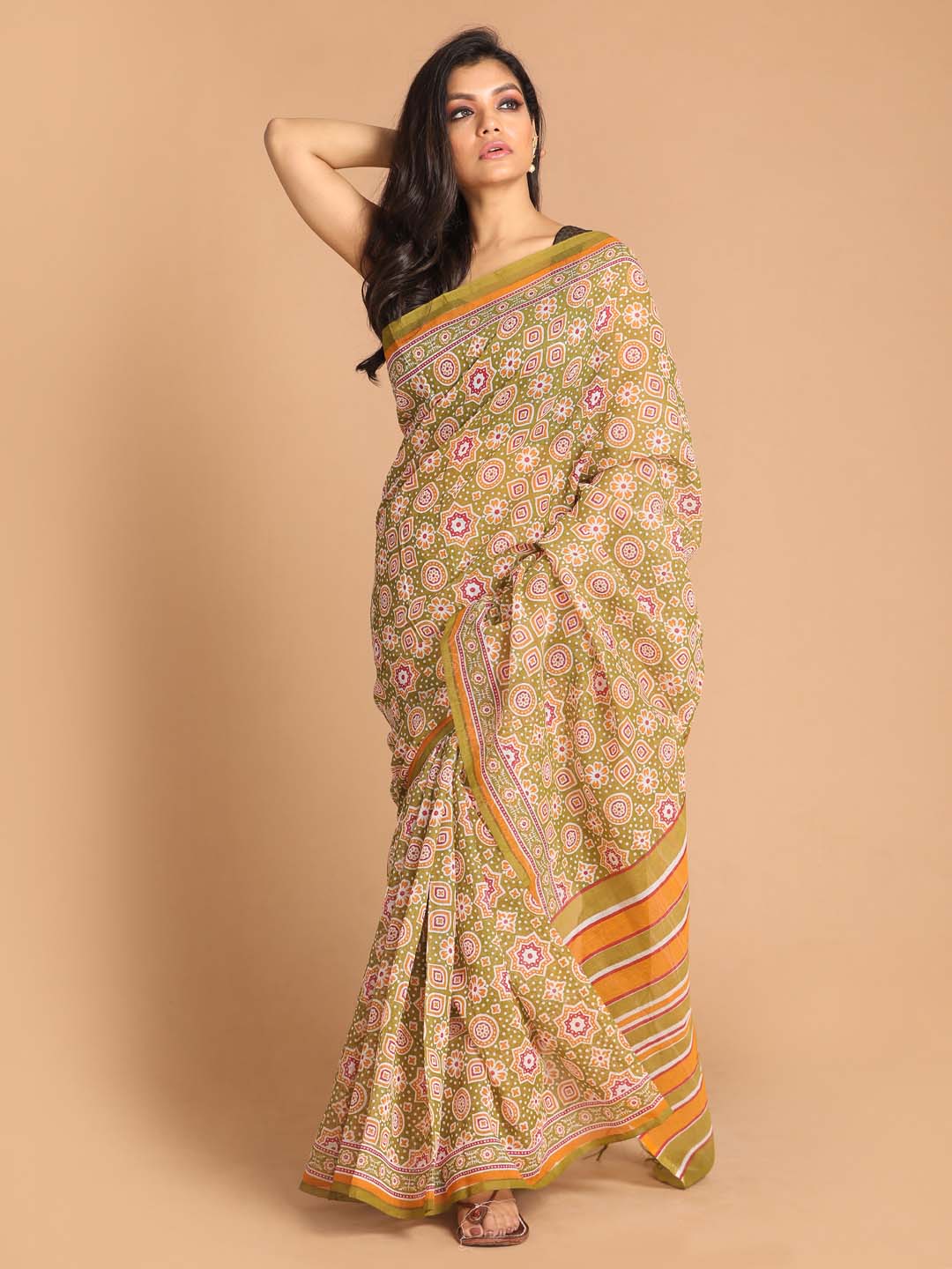 Indethnic Printed Super Net Saree in Olive - View 1