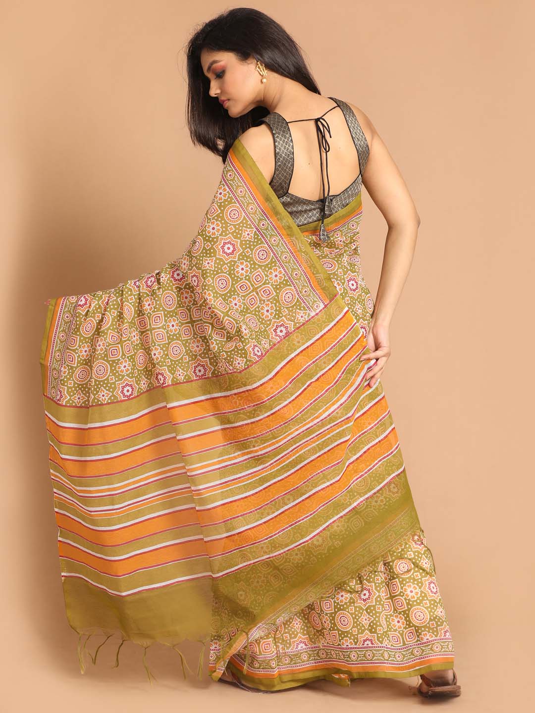 Indethnic Printed Super Net Saree in Olive - View 3