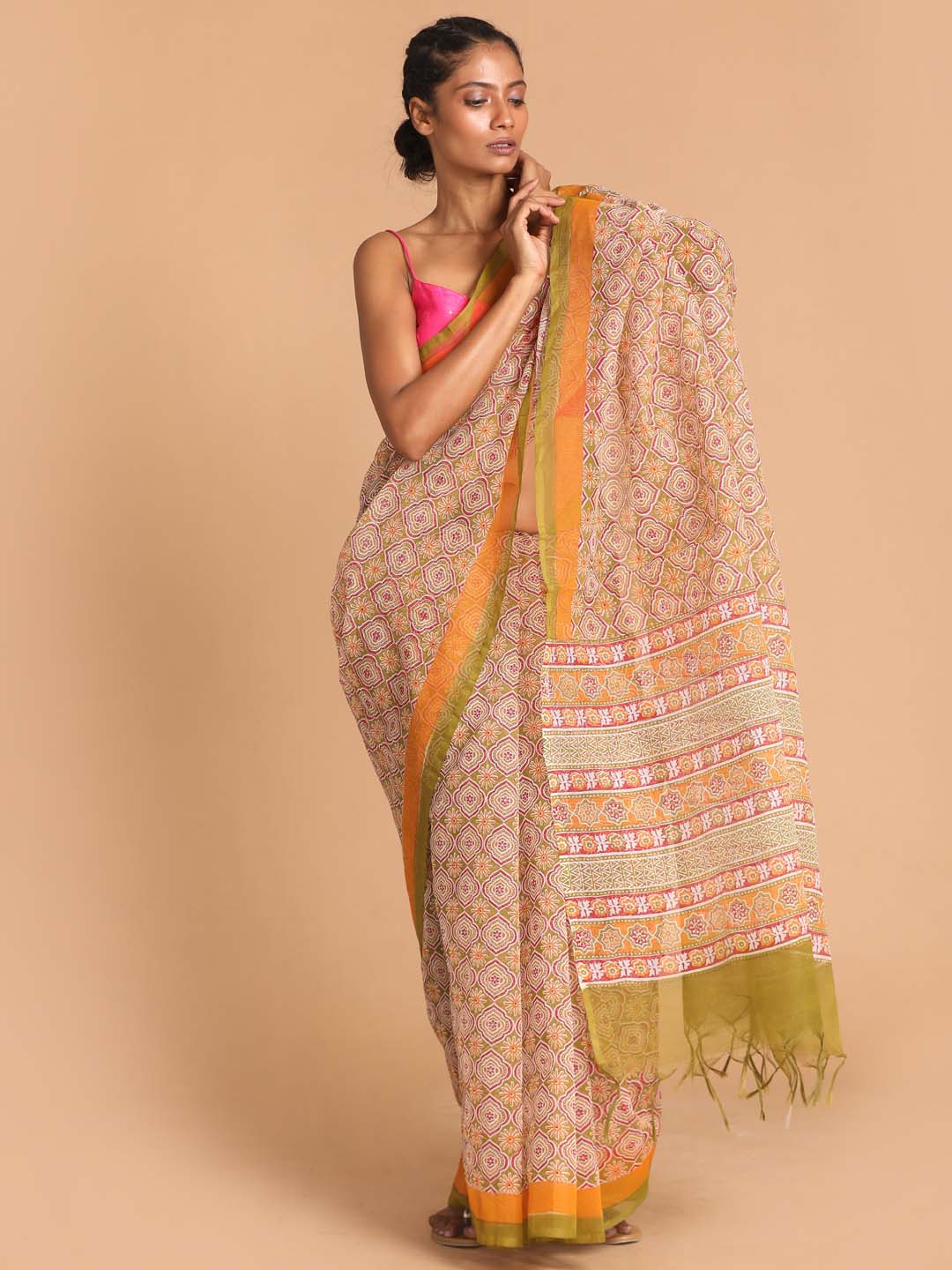 Indethnic Printed Super Net Saree in Olive - View 1