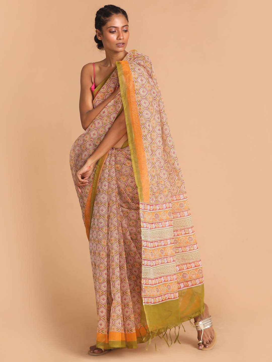 Indethnic Printed Super Net Saree in Olive - View 2
