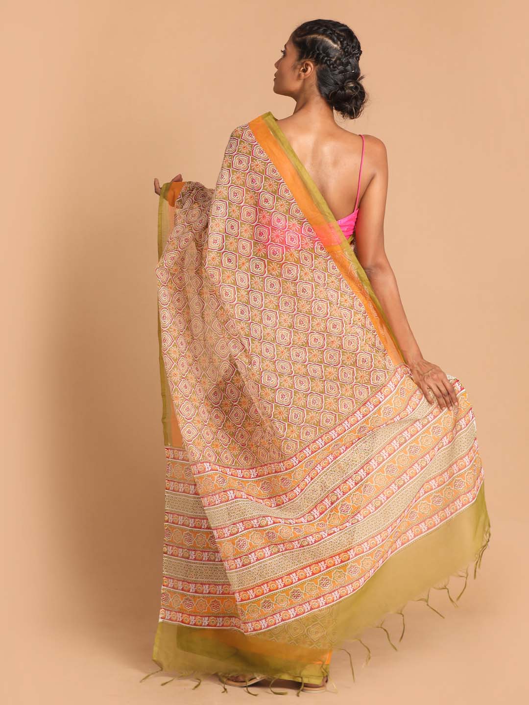 Indethnic Printed Super Net Saree in Olive - View 3