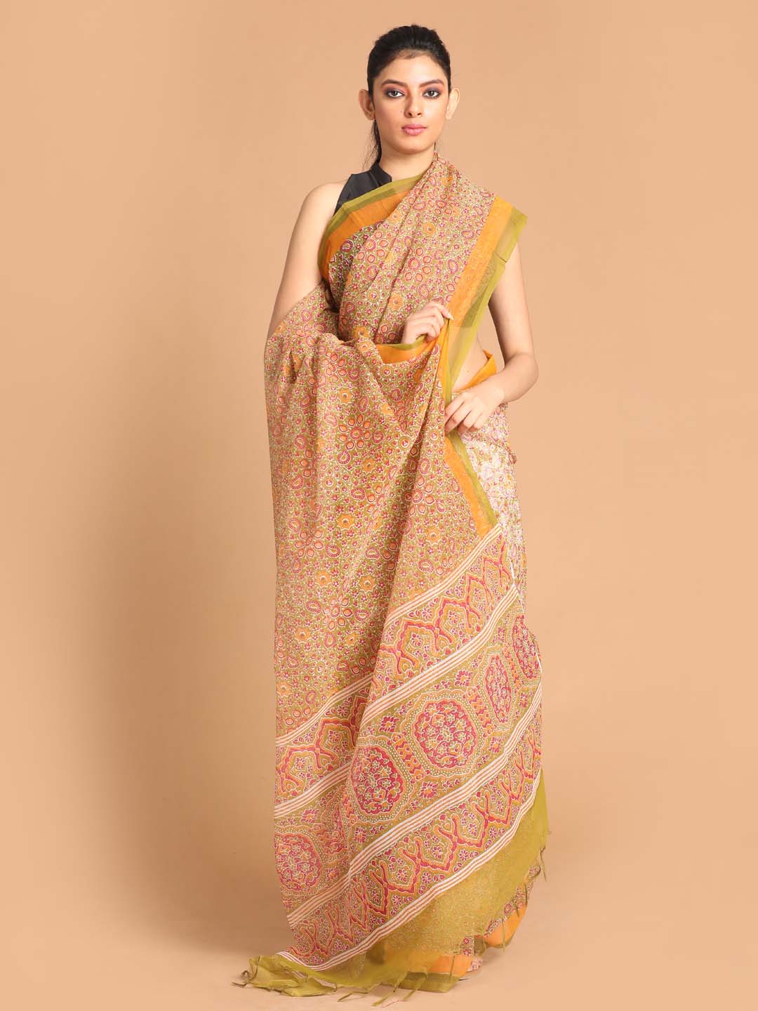 Indethnic Printed Super Net Saree in Olive - View 1