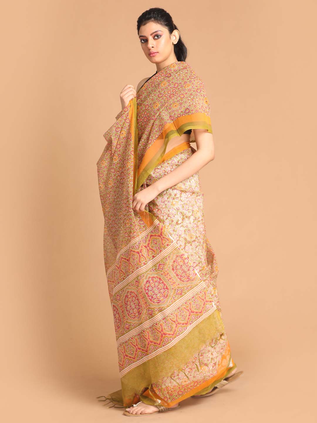 Indethnic Printed Super Net Saree in Olive - View 2